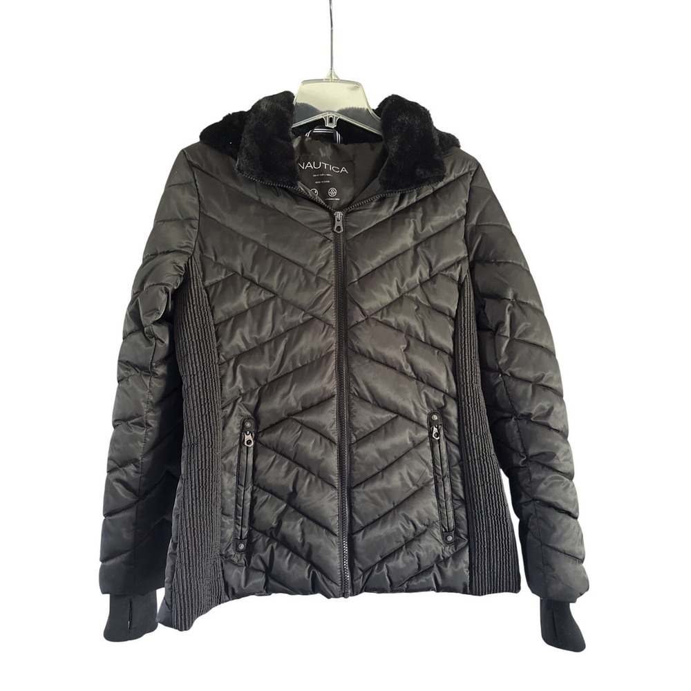 Women's Nautica Black Puffer Jacket Faux Fur Collar Detachable Hood Zip Up M - Picture 1 of 6